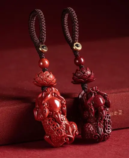 Customized Cinnabar Lotus Pixiu Key Chain Organic Jewellery Carved Fashion Chinese Charm Gifts Amulet Bag Buckle Pendant Red 1