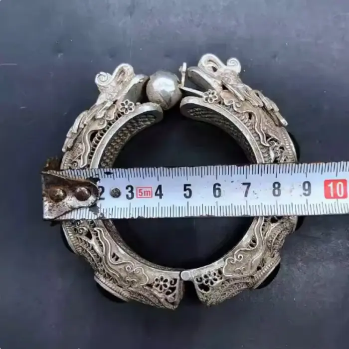 ancient Green Jade Inlaid Tibetan Silver Cuff Bracelet Fashion Personality Jewelry Double Dragon Skeleton Bangles Women 2