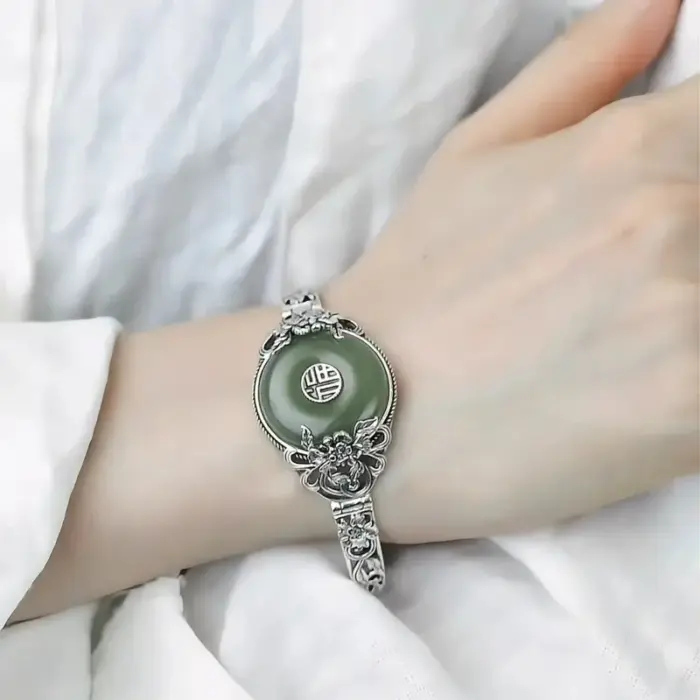 ‌Modern Chinese Revival Fu Symbol Safety Lock Peony Blossom Antique Cuff Elegant Minimalist Feminine Luxury Heritage Bracelet‌ 5