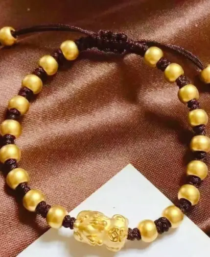 Chinese Pixiu Lucky Bead Gold Bracelet! 24K Gold AU999 Women's, Translucent Beads + Matte Pixiu, Adjustable Cord, Birth Year 4