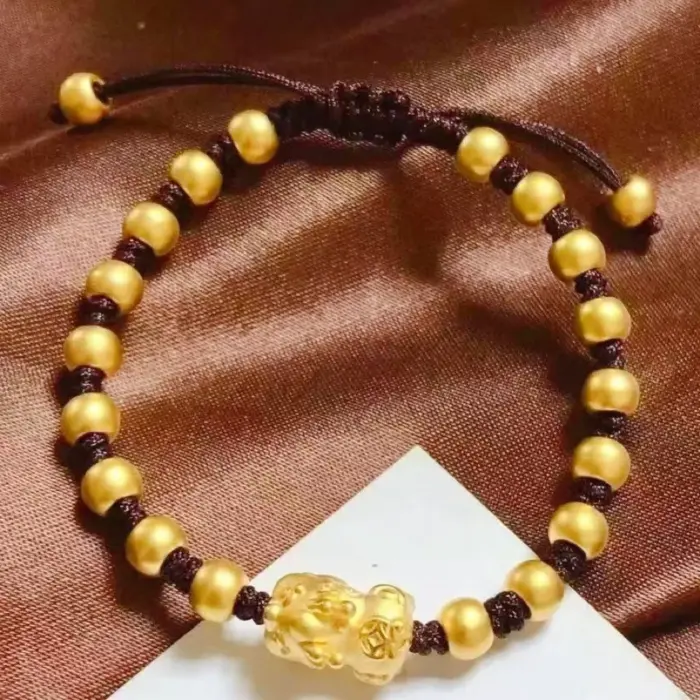 Chinese Pixiu Lucky Bead Gold Bracelet! 24K Gold AU999 Women's, Translucent Beads + Matte Pixiu, Adjustable Cord, Birth Year 4