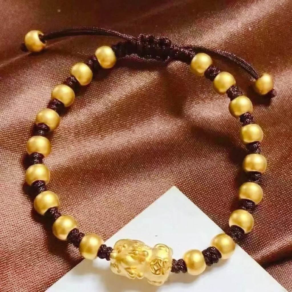 Chinese Pixiu Lucky Bead Gold Bracelet! 24K Gold AU999 Women's, Translucent Beads + Matte Pixiu, Adjustable Cord, Birth Year