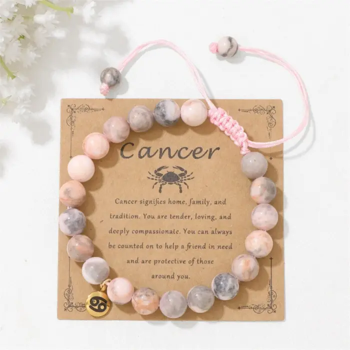Libra Pink Zebra Stone Beads Bracelet 12 Zodiac Constellation Signs Charm Braided Bracelets for Women Birthday Gift Jewelry 4