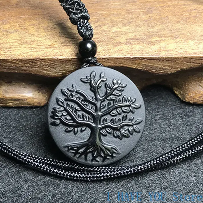 Natural Genuine Obsidian Life Tree Necklace Pendant Healing Crystal Guardian Jade Pendant Male and Female Jade Necklace Jewelry 1