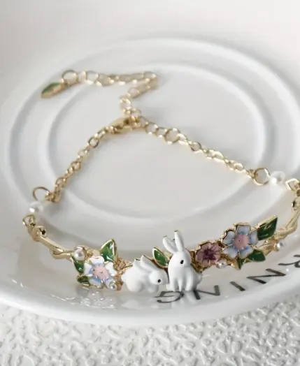 Cute bunny flower bracelet, pearl zodiac animal bracelet, cute, kawaii, Easter gift 3