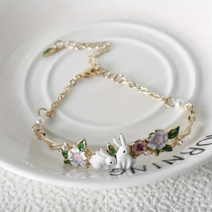Cute bunny flower bracelet, pearl zodiac animal bracelet, cute, kawaii, Easter gift 3