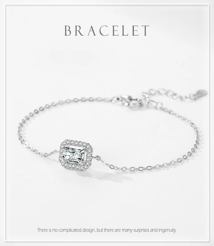 925 Sterling Silver Luxury Dazzling Rectangle1Ct Zirconia Link Chain Charm Bracelet For Women Wedding Engagement Jewelry