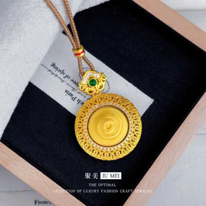 New Chinese style 9999 24K real gold hollow filament point diamond rotatable yellow wealth god compass pendant rope necklace 1