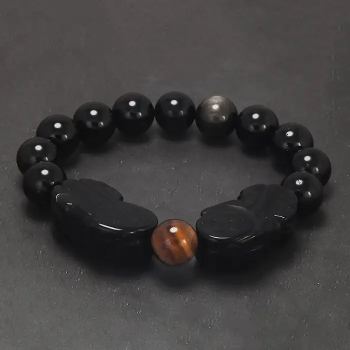 Natural Obsidian Stone Beads Pixiu Bracelet for Men Black/Gold Obsidian Vintage Chinese Fengshui Wealth and Luck Jewelry 5 Natural Obsidian Stone Beads Pixiu Bracelet for Men Black/Gold Obsidian Vintage Chinese Fengshui Wealth and Luck Jewelry 5