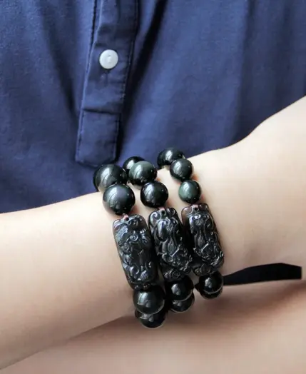 Natural Stone Men Bracelet Black Obsidian Beads With Ice Obsidian Pixiu Brave Troops Rosary Buddha Jewelry For Men And Women 4