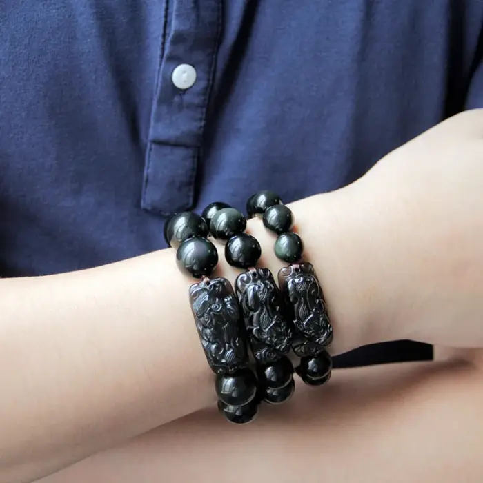 Natural Stone Men Bracelet Black Obsidian Beads With Ice Obsidian Pixiu Brave Troops Rosary Buddha Jewelry For Men And Women 4