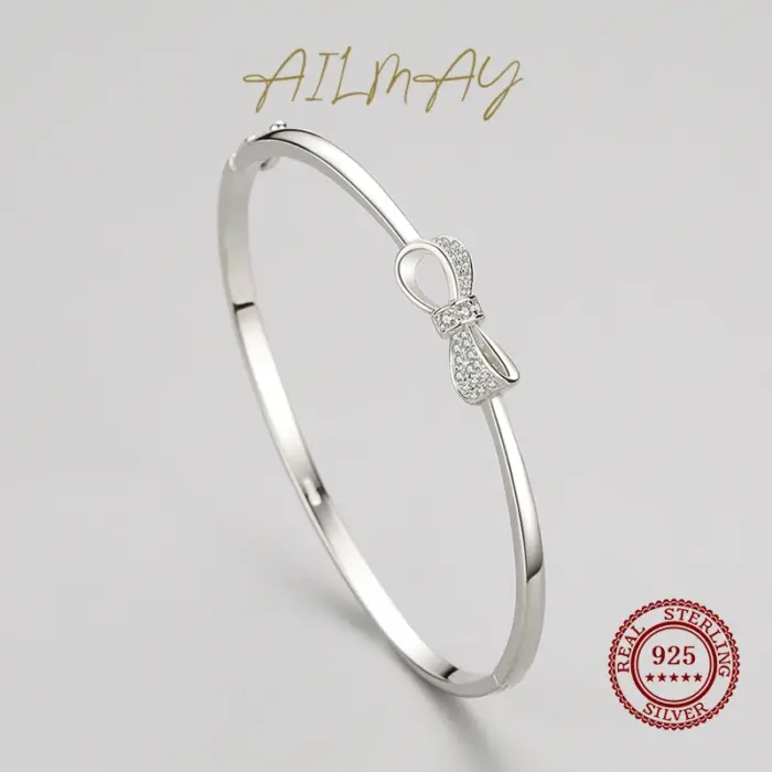 Ailmay 100% 925 Sterling Silver Lovely Bow-Knot Bracelets For Women Dazzling Clear CZ Cute Fine Jewelry Women Girl Gift 4 Ailmay 100% 925 Sterling Silver Lovely Bow-Knot Bracelets For Women Dazzling Clear CZ Cute Fine Jewelry Women Girl Gift 4
