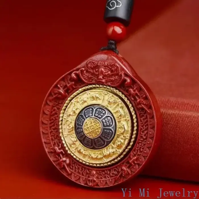 Natural Mineral Vermilion Sand Nine Eight Trigrams Pendant Necklace Jewelry Chinese Healing Women Men Lucky Gift Sweater Chain 4